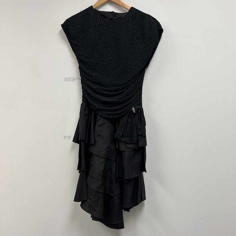Vintage Zum Zum Dress Womens 7/8 Black Sleeveless Ruched Ruffle Party Formal